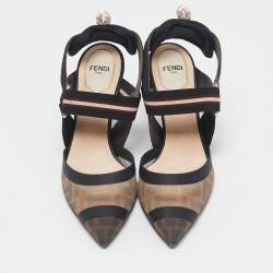 Pre Owned Fendi Black Zucca Mesh and Fabric Colibri Slingback Pumps Size 37