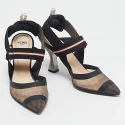 Pre Owned Fendi Black Zucca Mesh and Fabric Colibri Slingback Pumps Size 37