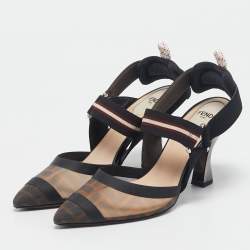 Pre Owned Fendi Black Zucca Mesh and Fabric Colibri Slingback Pumps Size 37