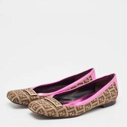 Fendi Brown/Pink Zucca Canvas and Leather Logo Ballet Flats Size 36