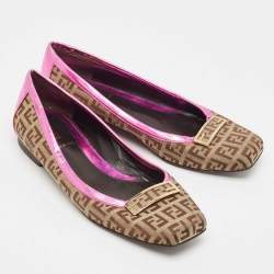 Fendi Brown/Pink Zucca Canvas and Leather Logo Ballet Flats Size 36