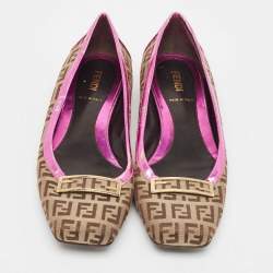 Fendi Brown/Pink Zucca Canvas and Leather Logo Ballet Flats Size 36