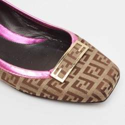 Fendi Brown/Pink Zucca Canvas and Leather Logo Ballet Flats Size 36