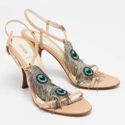 Fendi Beige Leather Embellished Ankle Strap Sandals Size 40