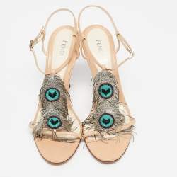 Fendi Beige Leather Embellished Ankle Strap Sandals Size 40