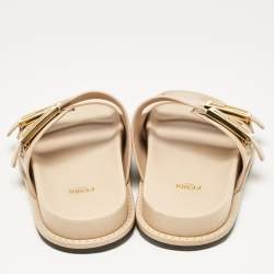 Pre Owned Fendi Beige Leather FF Buckle Flat Slides Size 37.5