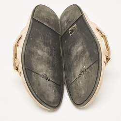 Pre Owned Fendi Beige Leather FF Buckle Flat Slides Size 37.5