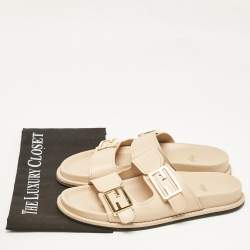 Pre Owned Fendi Beige Leather FF Buckle Flat Slides Size 37.5