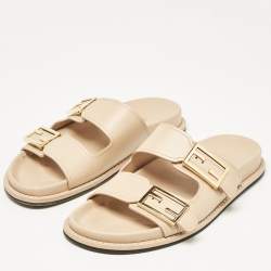 Pre Owned Fendi Beige Leather FF Buckle Flat Slides Size 37.5