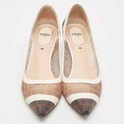 مملوكة مسبقًا Fendi Brown/White Zucca Mesh and Leather Colibri Pumps Size 37.5
