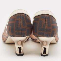 مملوكة مسبقًا Fendi Brown/White Zucca Mesh and Leather Colibri Pumps Size 37.5