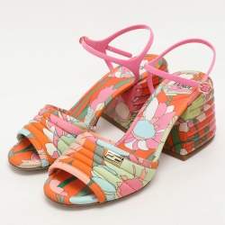 Pre Owned Fendi Multicolor Fabric and PVC Promenade Ankle Strap Sandals Size 37