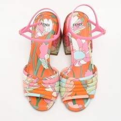 Pre Owned Fendi Multicolor Fabric and PVC Promenade Ankle Strap Sandals Size 37