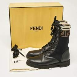 Pre Owned Fendi Black Leather and Zucca Stretch Fabric Rockoko Combat Boots Size 39