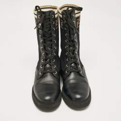 Pre Owned Fendi Black Leather and Zucca Stretch Fabric Rockoko Combat Boots Size 39