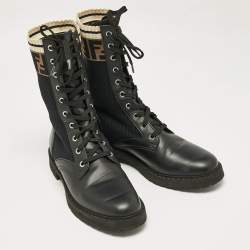 Pre Owned Fendi Black Leather and Zucca Stretch Fabric Rockoko Combat Boots Size 39