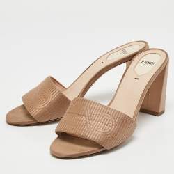 Fendi Beige Satin Logo Embroidered Slide Sandals Size 40