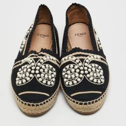 مملوكة مسبقًا Fendi Black/Beige Knit Fabric Pearl Embellished Espadrille Flats Size 36