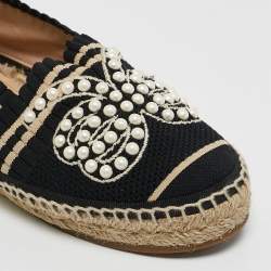 مملوكة مسبقًا Fendi Black/Beige Knit Fabric Pearl Embellished Espadrille Flats Size 36