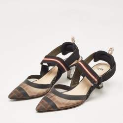 Pre Owned Fendi Black/Brown Zucca Mesh and Leather Colibri Pumps Size 37.5