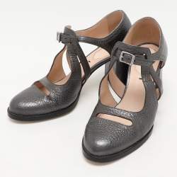 Pre Owned Fendi Metallic Grey Chameleon Wing Tip Ankle Strap Pumps Size 35