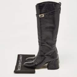 Fendi Black Croc Embossed Leather Knee Length Boots Size 38.5