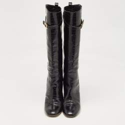 Fendi Black Croc Embossed Leather Knee Length Boots Size 38.5