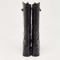 Fendi Black Croc Embossed Leather Knee Length Boots Size 38.5