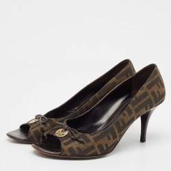 Pre Owned Fendi Brown Zucca Canvas Bow Peep Toe Pumps Size 40