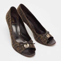 Pre Owned Fendi Brown Zucca Canvas Bow Peep Toe Pumps Size 40