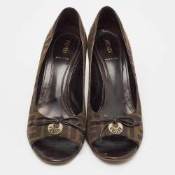 Pre Owned Fendi Brown Zucca Canvas Bow Peep Toe Pumps Size 40