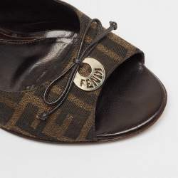 Pre Owned Fendi Brown Zucca Canvas Bow Peep Toe Pumps Size 40
