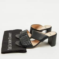 Fendi Black Leather FF Embossed Block Heel Slide Sandals Size 41