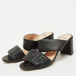 Fendi Black Leather FF Embossed Block Heel Slide Sandals Size 41