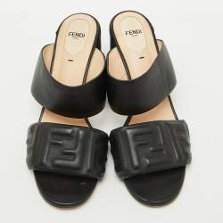 Fendi Black Leather FF Embossed Block Heel Slide Sandals Size 41