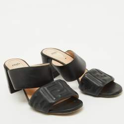 Fendi Black Leather FF Embossed Block Heel Slide Sandals Size 41