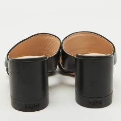 Fendi Black Leather FF Embossed Block Heel Slide Sandals Size 41