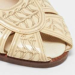 Fendi Beige Printed Patent Leather Block Heel Ankle Strap Sandals Size 40