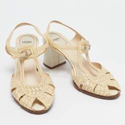 Fendi Beige Printed Patent Leather Block Heel Ankle Strap Sandals Size 40