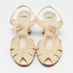 Fendi Beige Printed Patent Leather Block Heel Ankle Strap Sandals Size 40