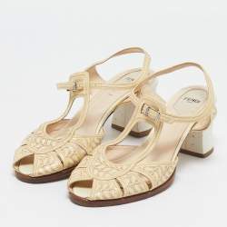 Fendi Beige Printed Patent Leather Block Heel Ankle Strap Sandals Size 40