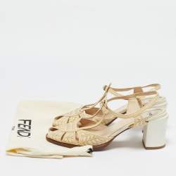 Fendi Beige Printed Patent Leather Block Heel Ankle Strap Sandals Size 40