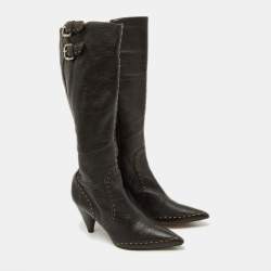 Pre Owned Fendi Dark Brown Leather Buckle Detail Knee Length Boots Size 37