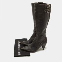 Pre Owned Fendi Dark Brown Leather Buckle Detail Knee Length Boots Size 37