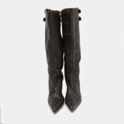 Pre Owned Fendi Dark Brown Leather Buckle Detail Knee Length Boots Size 37