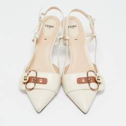 Fendi Cream/Brown Leather Buckle Strap Slingback Pumps Size 41
