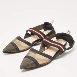 Fendi Brown/Black Zucca Mesh and Leather Colibri Slingback Flats Size 38