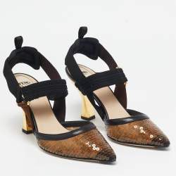 Pre Owned Fendi Brown/Black Zucca Sequins and Leather Colibri Slingback Pumps Size 37