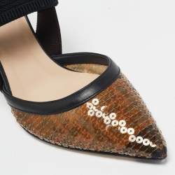 Pre Owned Fendi Brown/Black Zucca Sequins and Leather Colibri Slingback Pumps Size 37