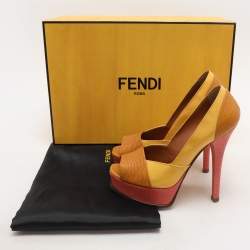 Fendi Tri Color Fendista Colorblock Lizard-Embossed Leather Peep Toe Platform Pumps Size 36